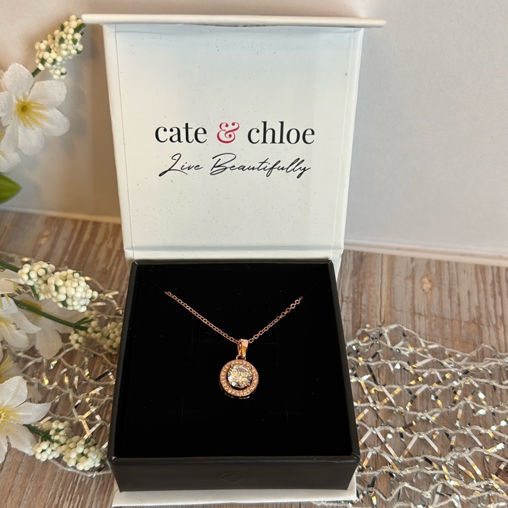 Cate & Chloe Blake 18k Rose Gold Plated Halo Pendant Necklace New
